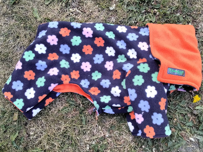 Black flowers and orange fleece onesie