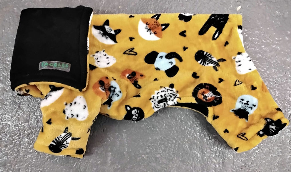 Mustard animals and black fleece onesie