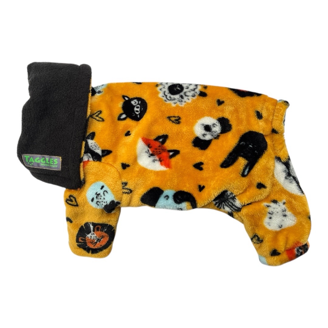 Mustard animals and black fleece onesie