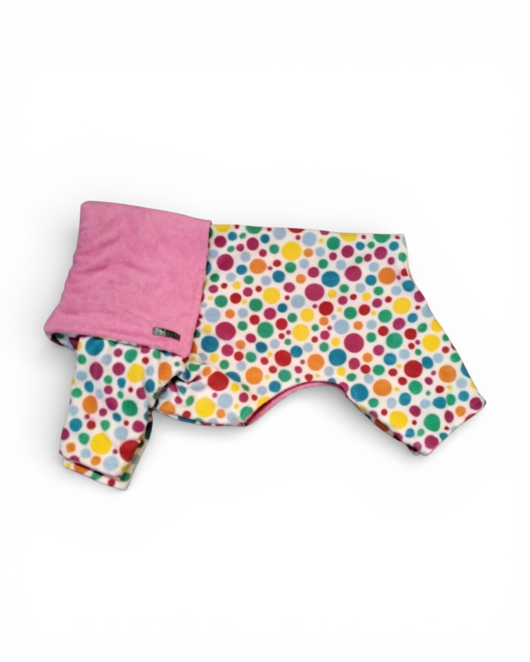 White and coloured spots with pink towelling