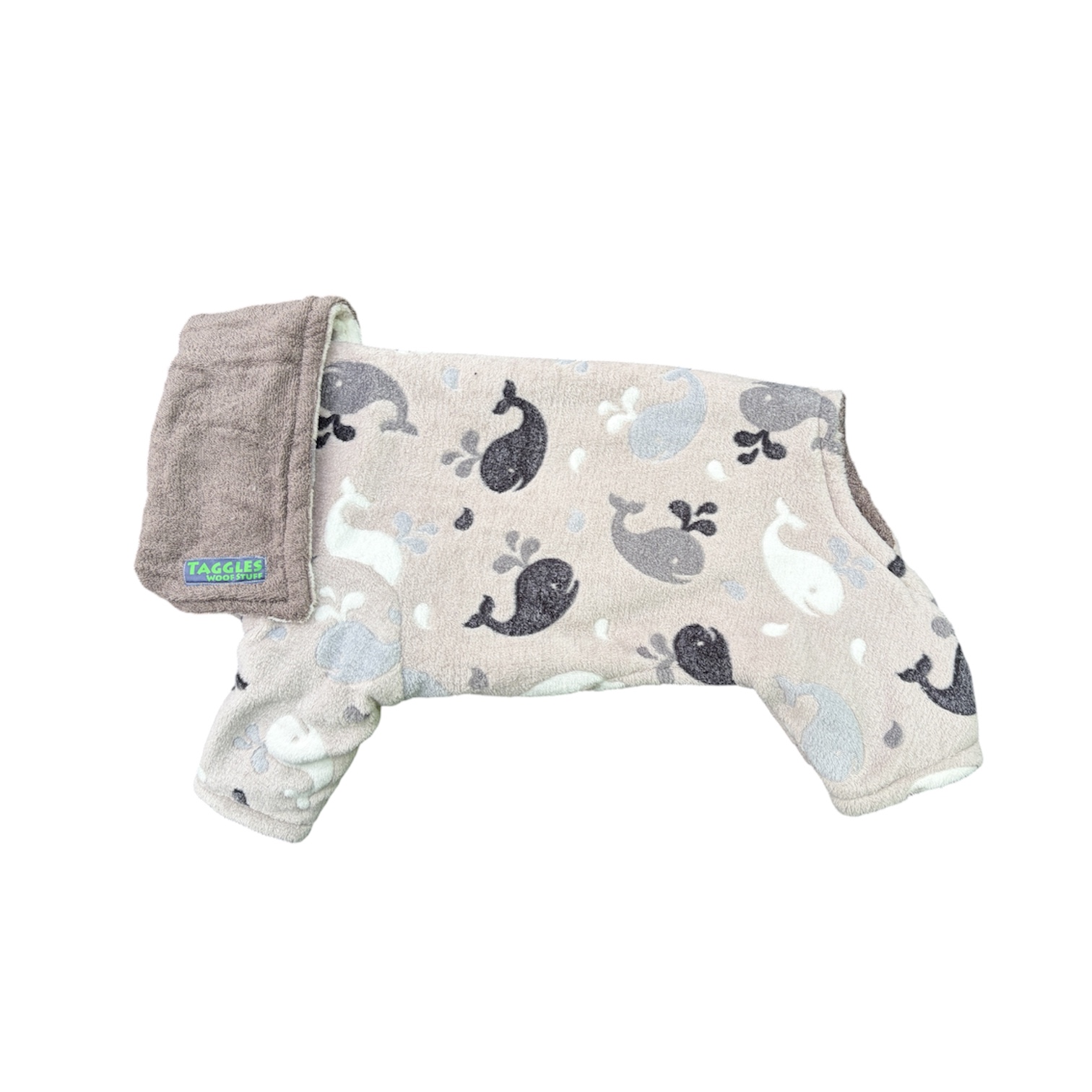 Grey whales with dark grey towel drying onesie